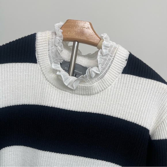 Anthropologie | Black White Striped Ruffle Collar Sweater Contemporary Coquette - Picture 4 of 7